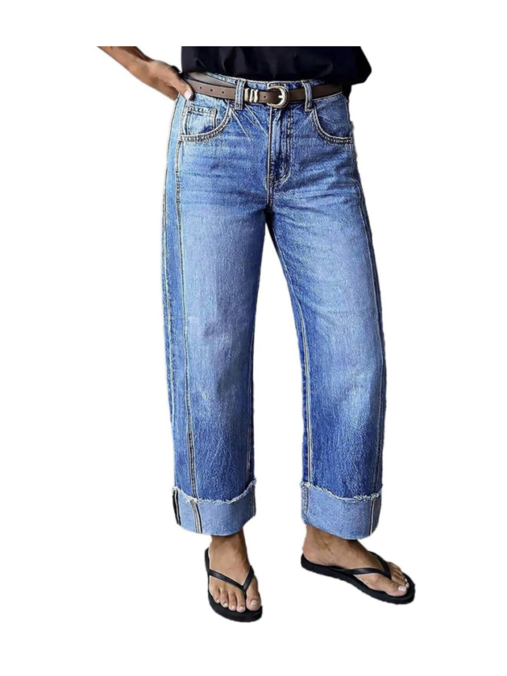 Flamingals Wash Seam Front Roll Raw Hem Mid Rise Straight Leg Jeans M